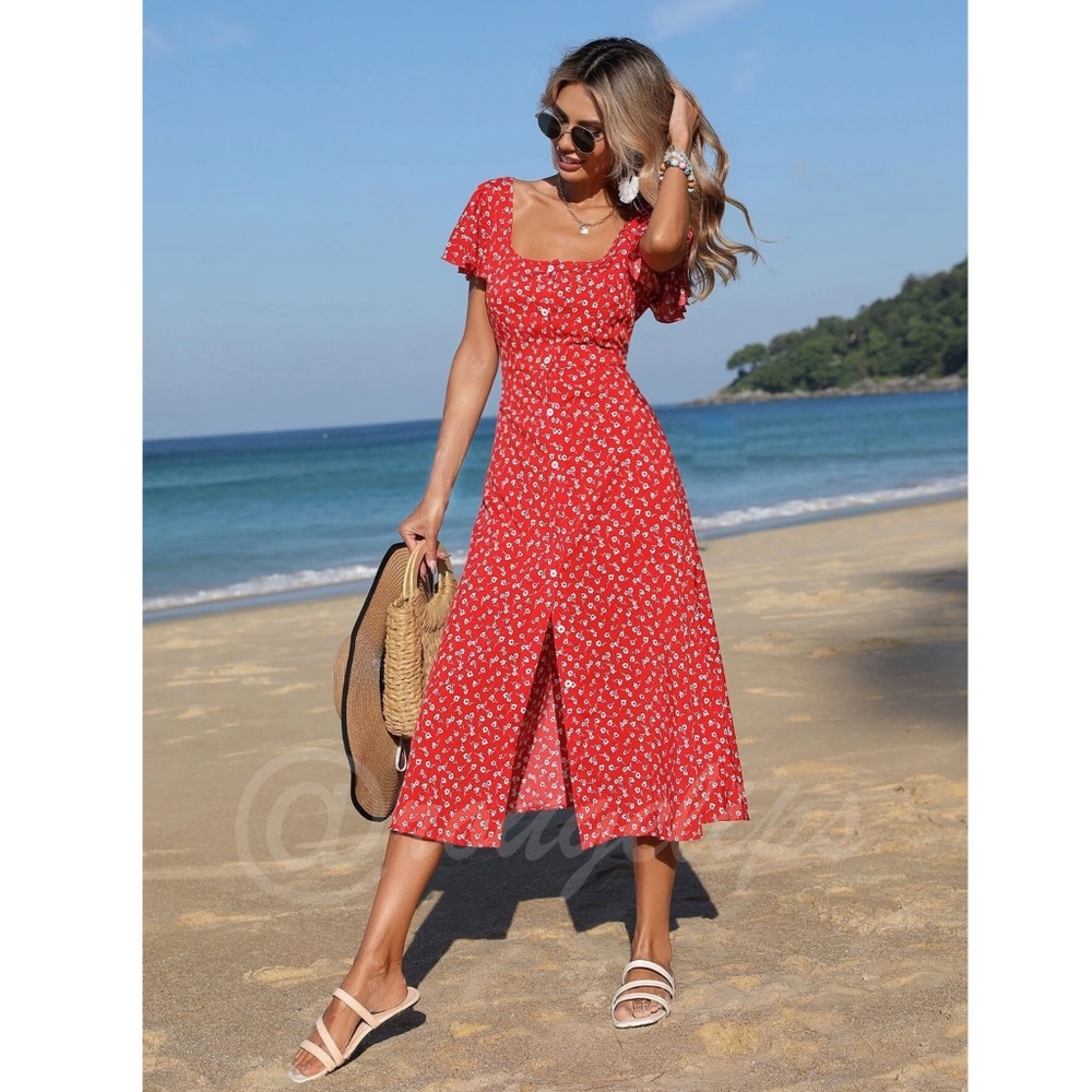 Boho Red Floral Square Neck Ruffle Hem Midi Length, A Line Button Up Dress - Picture 5 of 7